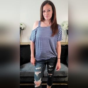 Haptics NWOT Blue White Striped Cold Shoulder Top